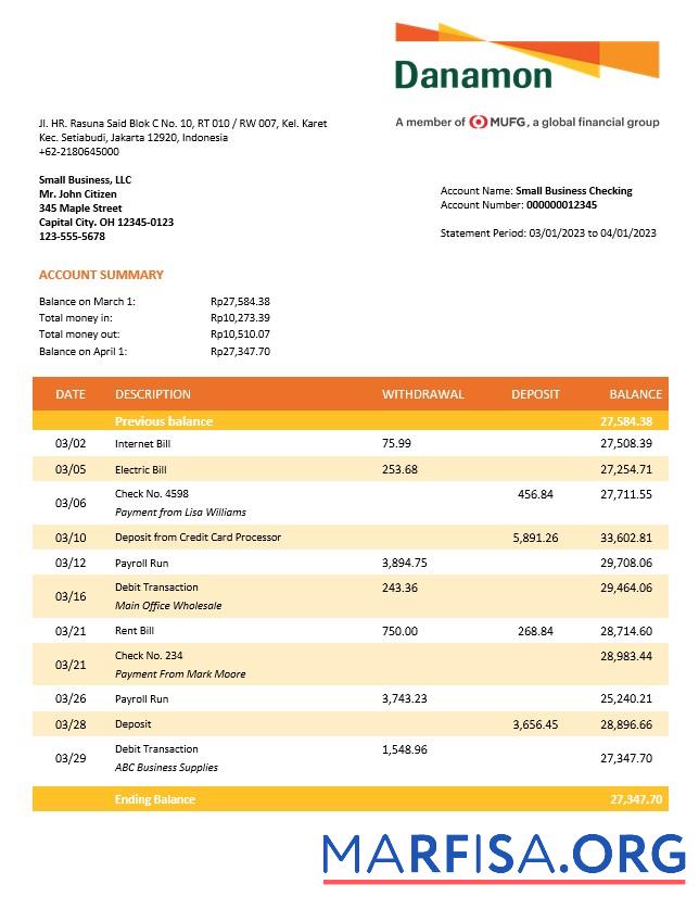 Blank Bank Danamon enterprise account statement Word and PDF template